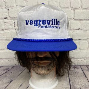 Vintage Hat Nylon Rope Cap Snapback White Blue VEGREVILLE Ford Mercury Dealer